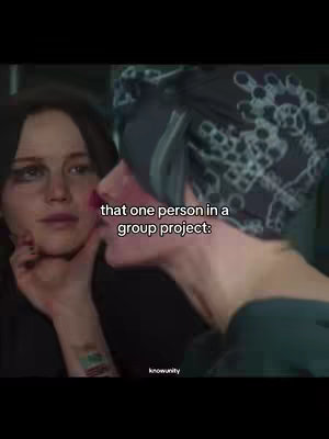 The image features two individuals, one on the right with a patterned head covering, leaning in close to another on the left, both appearing to be in a movie-like setting. The text overlay reads: 'that one person in a group project:'.