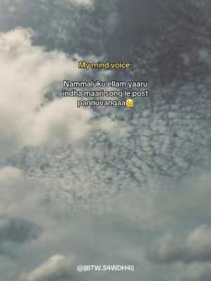 The image features a cloudy sky in varying shades of gray and white. Text overlays are present in a yellow box, with the main text in white font, and a watermark/handle at the bottom.