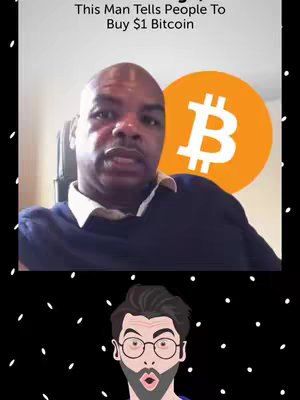 The image is divided into two main sections. The upper section features a man in a blue shirt in a video call frame, with a Bitcoin logo in the upper right corner. The lower section displays a cartoon illustration of a man with glasses and an open-mouthed expression. The background is black adorned with white dots.