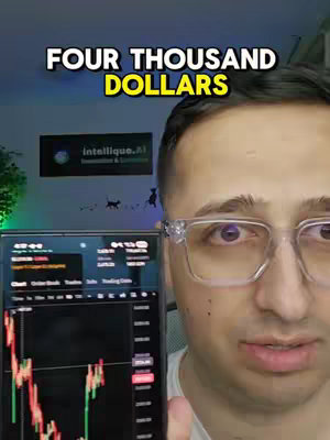 A man in glasses holding a phone displaying a cryptocurrency trading chart. The overlay text says "FOUR THOUSAND DOLLARS."