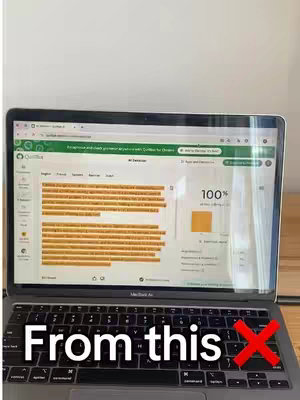A laptop displaying the results of the Turnitin software on its screen. The text "From this" is shown in white on the bottom of the screen with a red cross to its right. A green checkmark at the top of the laptop display screen indicates that by passing turnitin software checks is possible.