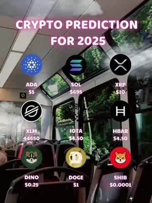 The cover image shows a stylized graphic with various cryptocurrency logos, prices, and predictions laid over a blurred background of a bus interior. The text "CRYPTO PREDICTION FOR 2025" is displayed prominently at the top. Crypto symbols like ADA, SOL, XRP, XLM, IOTA, HBAR, DINO, DOGE, and SHIB are arranged with their predicted values. The background features bus seats and windows.