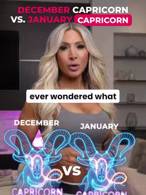 A woman with blonde hair is centered in the frame, with text overlays and zodiac-themed graphics. The image contrasts texts and symbols relevant to Capricorn signs and their associated traits.
