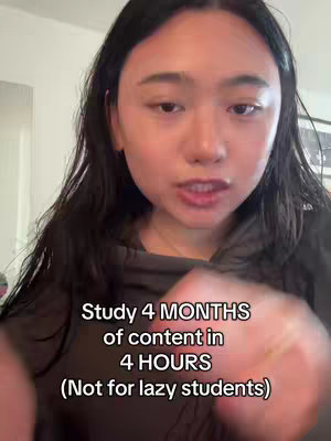A woman with long black hair is centered in a selfie-style shot. She's wearing a dark gray hoodie. Text overlayed near the bottom reads "Study 4 MONTHS of content in 4 HOURS (Not for lazy students)". The background is slightly blurred but appears to be a room with a white wall to the left and possibly a doorway or window behind her.