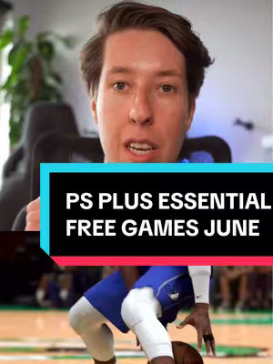 A man with short hair faces the camera in front of what appears to be a gaming or computer setup. A horizontal text overlay in a turquoise and black background announces the PS Plus Essential Free Games for June. Below is a blurred image of a basketball player preparing to dribble the ball.
