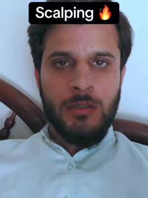 The cover image is a close-up shot of a man, likely the content creator, facing the camera. He has a dark beard and short, dark hair. Above his head is a black rectangle with the word "Scalping" written in white font, and a flame emoji to the right. The lighting appears to be from overhead, and the background is out of focus, but seems to be a wall.