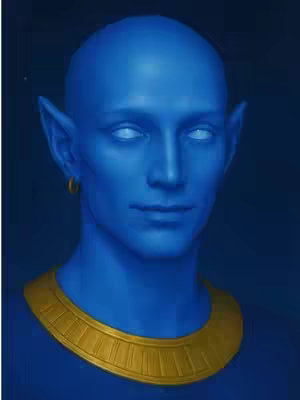 The image depicts a blue-skinned humanoid figure with a bald head and large, pointed ears. It wears a golden collar and a single gold earring. The figure's eyes are white, and the background is a dark blue gradient.