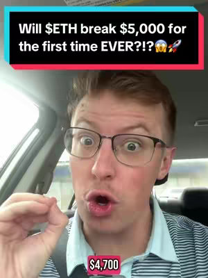 A man with glasses and a surprised expression is in the front seat of a car. A text overlay at the top asks if $ETH will break $5,000 for the first time, along with a rocket emoji. A smaller text box at the bottom displays the price $4,700.