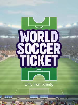 The image shows a stylized graphic overlaid on a soccer stadium scene. The background features a stadium filled with spectators under a blue sky. In the foreground, a green and white soccer field is visible. Overlaid on the field is a large, stylized graphic of a soccer field in the shape of a ticket, with the words "WORLD SOCCER TICKET" in large, bold, white text. Below this text, smaller text reads "Only from Xfinity" in white font.  The overall composition is promotional and aims to convey the availability of soccer matches through Xfinity.