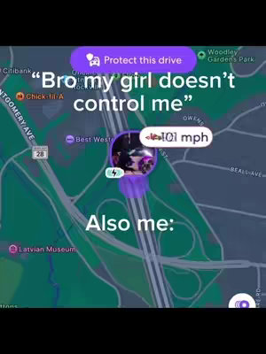 The cover image is a screenshot from a map app (Life360). The map shows a driving route along city streets with various points of interest. In the center, a stylized purple circle indicates a user's location, within which a small avatar is visible, possibly of the creator. Text overlays the map: a quote about a relationship, with a sarcastic addition below. A speed indicator displays '101 mph'. The overall composition includes city infrastructure and navigation elements within a mobile app interface.