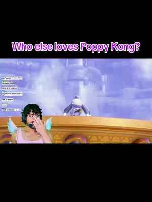 The cover image showcases a person reacting to a game on a background of a video game. The main text overlay reads "Who else loves Poppy Kong?" in a purple color, with the creator holding their hand up with what seems to be angel wings, with a background of what looks like a classic gaming scene.