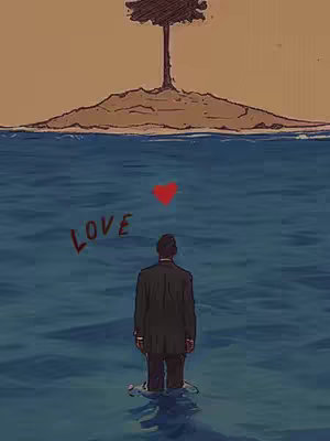 An illustrated image depicts a man standing in water, facing away from the viewer. In the distance, a small island with a tree on top is visible under a yellow sky. Above the man, a red heart shape floats. The word 'LOVE' is written in red, stylized letters near the water. The image is rendered in a muted color palette.