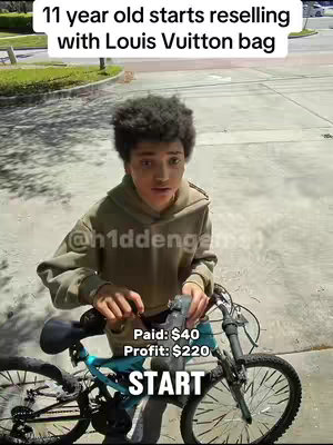 A young boy stands outdoors, holding onto the handlebars of a bicycle. Text overlays indicate the video's content (reselling) and financial metrics (paid and profit). The background shows a residential neighborhood with trees and a driveway.