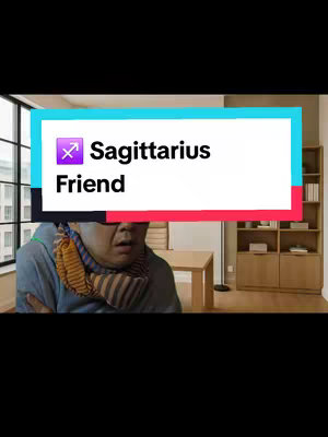 A man with an surprised expression is featured with an overlay that says "♐ Sagittarius Friend". The man is wearing a jacket with a bright scarf. The background shows a room with a desk and shelves.
