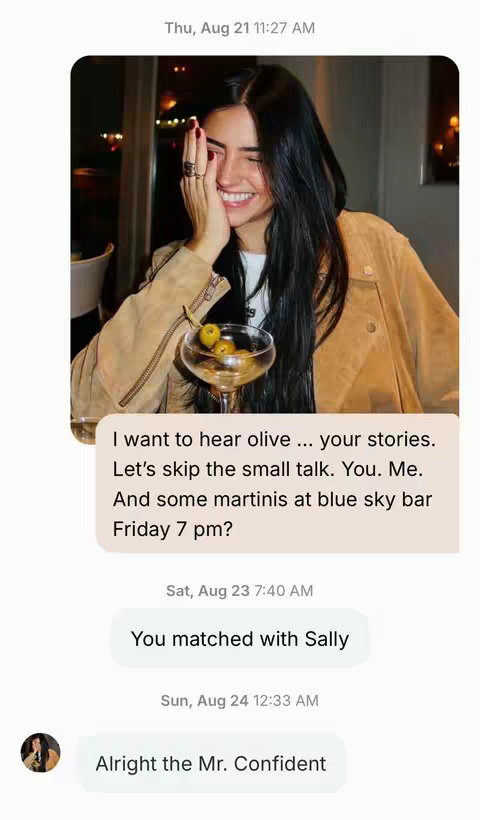 The cover image is framed as a screenshot of a text message conversation on a mobile device. The main focus is on a person, likely a woman with dark hair, who is smiling with her hand covering part of her face. The background reveals a glimpse of an interior setting, and a partially visible martini glass with olives. The left side of the frame displays the time. Below the image, the text bubbles contain conversational messages, creating an impression of a Hinge dating app interaction.