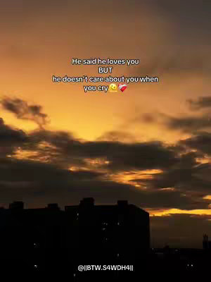 The image shows a vibrant sunset with orange and yellow hues filling the sky, and dark clouds obscuring parts of the sunset. Text overlay with a quote about love and care.