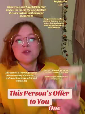 A young woman with auburn hair and glasses, sitting in front of a lightly decorated wall, with text overlays about a 'person's offer' from a zodiac sign perspective. She is holding a paperback book in her hands, likely referencing its contents.