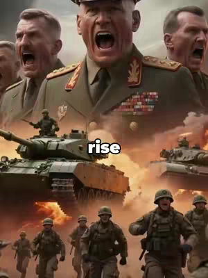 A digitally created image showing multiple distressed military figures, possibly generals or officers, with a tank and soldiers running towards the viewer. The sky is ablaze.