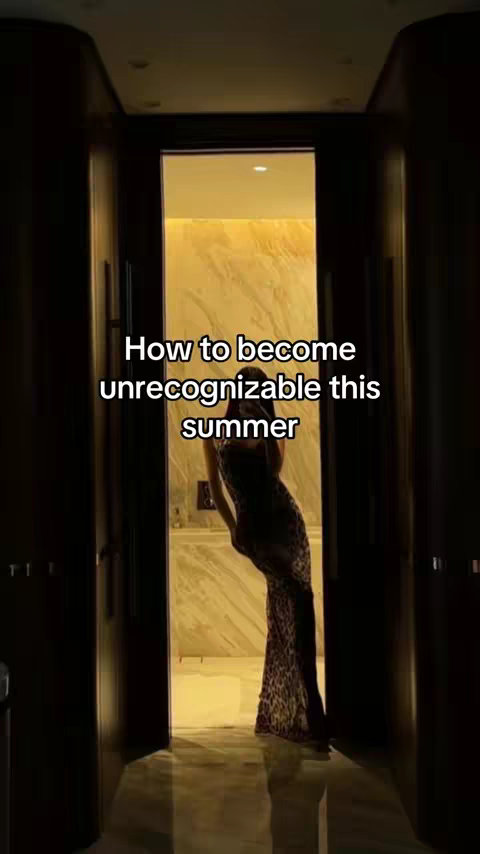 The cover image shows a woman in a leopard-print dress standing in a lit doorway. The doorway opens into a light-colored, possibly marble-floored space. Overlayed text reads, 'How to become unrecognizable this summer.' The composition is framed by dark, vertical elements on each side, adding depth and focus to the central figure.