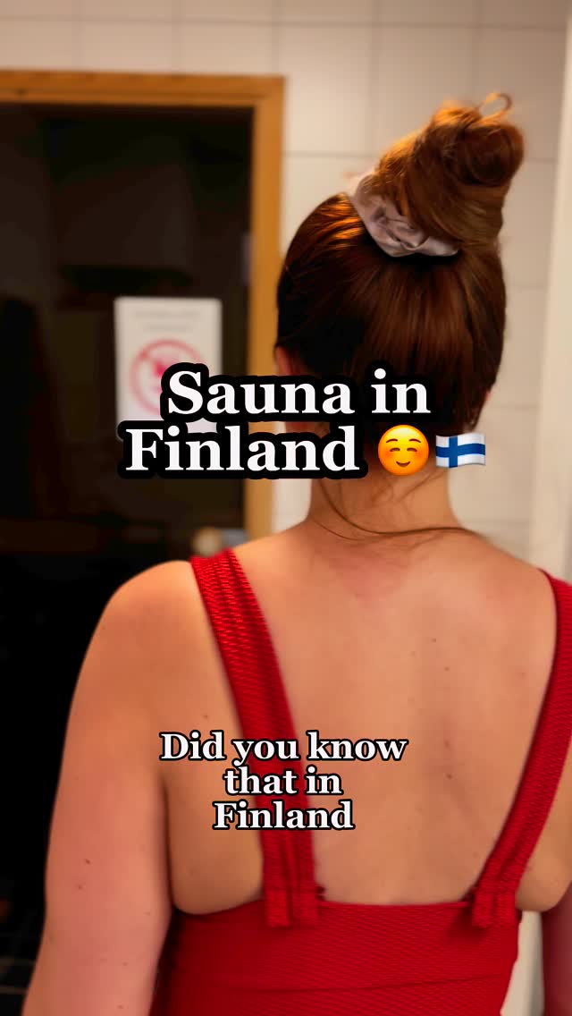 The cover image shows a woman from the back, wearing a red top. Overlayed text reads 'Sauna in Finland' and 'Did you know that in Finland'. The image has a warm color palette and focuses on the upper back and neck of the woman.