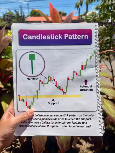 A hand holds an open notebook featuring a detailed diagram of a candlestick pattern for stock trading against a backdrop of nature, with the sky in the background on a sunny day. The notebook's graphic features a candlestick chart with green and red candlesticks, labels like 'Hammer' and 'Support,' and arrows indicating 'Potential Direction.' The page is white, with a bold title 'Candlestick Pattern' in a purple and pink banner.