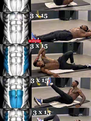 A fitness-focused image showing a man performing various abdominal exercises. The image is divided into segments, each displaying a different exercise, along with a diagram of the relevant muscles and the set/rep count (3 x 15). The man is shirtless, demonstrating the exercises on what looks like a padded mat.