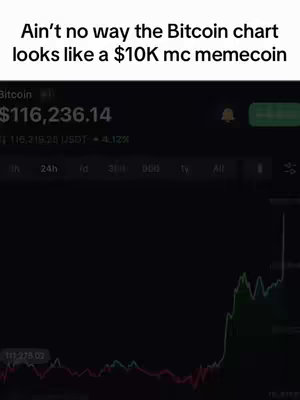 The cover image shows a Bitcoin chart on a dark background. Text overlays at the top read, "Ain't no way the Bitcoin chart looks like a $10K mc memecoin" over a chart displaying red and green lines representing the price fluctuations.