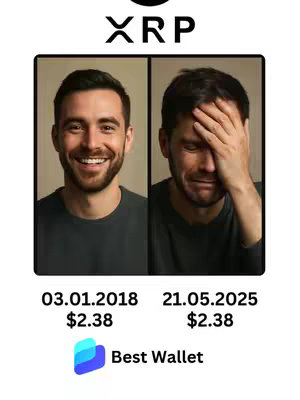 The cover image is a split panel featuring a man's face demonstrating the loss in crypto investments over the years. The left side of the panel shows his happy face with a smile on the date of 03.01.2018, with the XRP value listed at $2.38. The right side of the panel shows a despondent man covering his face on the date of 21.05.2025, with the same XRP value $2.38, showing the price hasn't changed over the years. Below are dates and prices and logos promoting Best Wallet.