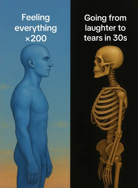 A split image with a blue human-like figure on the left side and a skeleton on the right, each facing the viewer in profile. Text overlays the images.