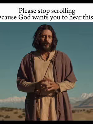 The cover image features a man with long hair and a beard, dressed in what appears to be clothing from the ancient Middle East. He stands outdoors with arms crossed. Above the man are the words "Please stop scrolling because God wants you to hear this." The setting is a desert with a bright sky.