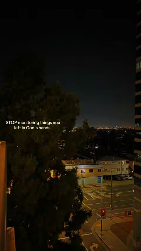 A night scene with a view of a city skyline, featuring a tree in the foreground and text overlayed.