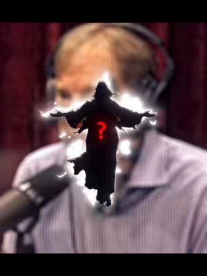 The image shows a man blurred in the background wearing headphones. Overlaid on top is a silhouette of Jesus with arms outstretched, with a glowing question mark on his chest, with a light effect all around.