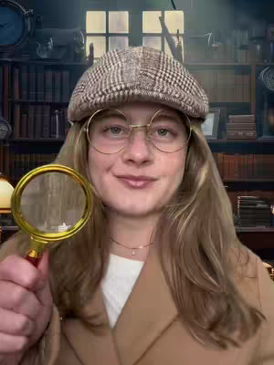 A woman dressed as a detective, wearing glasses, a hat, and holding a magnifying glass, in front of a bookshelf backdrop; the image has a warm, slightly muted color palette.