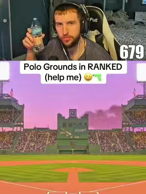 The image is a split view; the top half features a selfie of a man holding a water bottle, with the bottom half showing a baseball field at dusk. The man, wearing a headset, looks directly at the viewer against a blurred background. Text overlays are present. The baseball field provides a colorful backdrop, emphasizing the game.