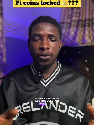 A man in a black and white jacket faces the camera with a serious expression. Text overlays at the top say 'Pi coins locked ???', while a lower section says 'I've been wanting to ask this question for'. The background is a blurred mix of purple and brown.