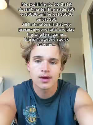 A young man with light skin stands in front of a light-colored wall. He wears a dark blue tank top. The background includes a window and likely an air vent. Overlaid text conveys financial advice in a casual tone.