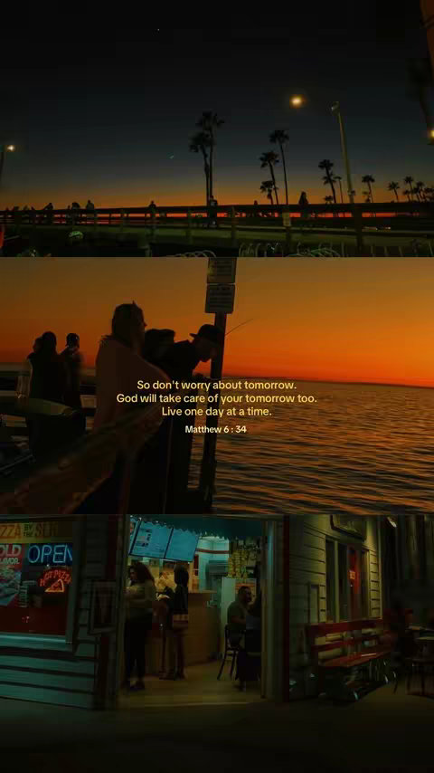 A three-paneled image showing a sunset over water and a pier, a middle section with a quote, and a bottom section featuring the interior of a food shop.
