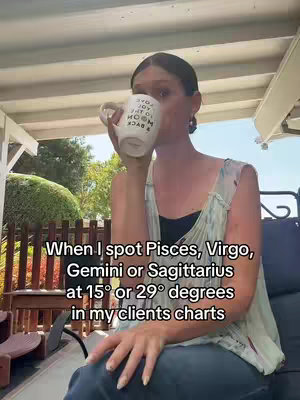 A woman is seated outdoors, holding a coffee mug in front of her face. Text overlays the image, and the background suggests a residential setting with greenery and a patio.