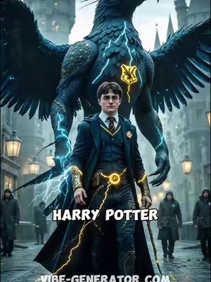 A digital illustration depicting Harry Potter with a stylized, powerful appearance. He is the central figure, standing in a long coat with lightning effects and a golden insignia. Behind him is a large, dark creature with lightning bolt details, set against a background of a city street with lights.