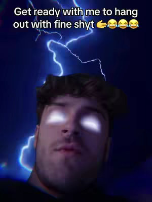 A selfie-style image with a young man in the foreground with glow-like effects on his eyes. The background features a dark blue gradient with animated lightning bolts. Text is added in white at the top.