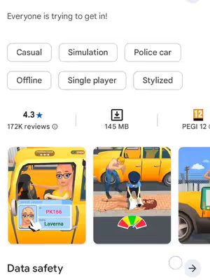 The image is a screenshot of a mobile game's app store listing, showcasing a stylized yellow taxi in a city setting. The layout presents the main game scene where a cartoonish driver is in the driver's seat, the car door is partially opened. Another scene shows two people on the ground, they are possibly hit by accident. There are also game elements like a rating, download size, and age rating. Text overlays highlight game features, and the overall composition is bright and simple, suited for an app store.