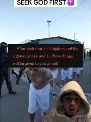 The cover image shows a man in a hooded jacket in the lower right corner with a slightly shocked expression. Behind him, in the background, are people in white clothing and a group of people in black uniforms. On the top part of the image, there's the text 'Seek God First' and a cross. In the center is a dark rectangular box with Bible verses. The overall color scheme is a mix of neutral tones with the focus on the contrast between the foreground and background.