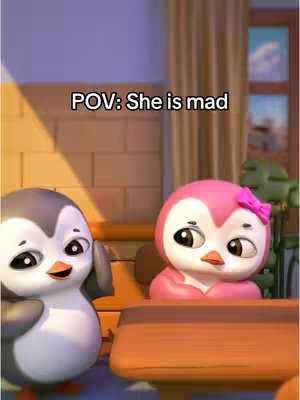 The image shows two animated penguins. The penguin on the left is gray and has one wing raised. The penguin on the right is pink wearing a pink bow and looking annoyed. The background shows a wall and a window.