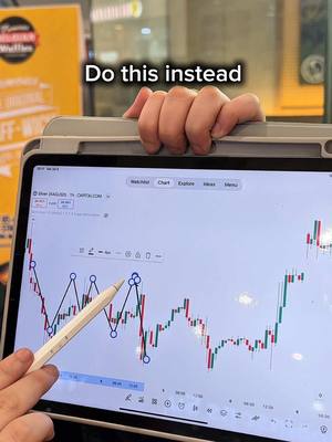 The cover image shows a close-up of an opened tablet displaying a stock trading chart. A hand is holding the tablet. The upper part of another hand is seen over the tablet's edge. The screen shows the red and green candlesticks of the chart with drawn trendlines. A white stylus lays near the chart. Above the tablet, the text 'Do this instead' is overlayed and highlighted.