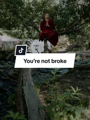 A serene image of a man in orange robes meditating on a tree limb above a stream. A white banner with the text 'You're not broke' overlays the lower portion. The background includes lush green foliage and a waterfall. The aesthetic evokes a sense of peace and nature.