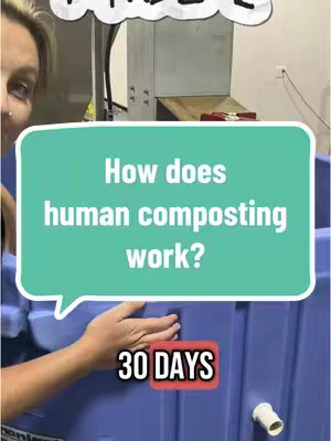 The cover image shows a person interacting with a large blue composting container. A speech bubble with the words 'How does human composting work?' is overlaid, with '30 DAYS' displayed in a red box at the bottom. The person is mostly visible from the side with their arm and hand next to the container. The background reveals an industrial setting with some equipment.