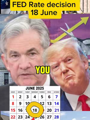 The cover image features a split view with two prominent figures: Jerome Powell, the chairman of the Federal Reserve, and former U.S. President Donald Trump. The top of the image contains text overlaying a gold background that reads "FED Rate decision 18 June." In the bottom section, a calendar highlights June 18, 2025, with a yellow circle around the date. The color scheme is dominated by blues, reds, and yellows. The layout suggests a comparison or commentary related to the Federal Reserve's decisions and likely their impact on markets.