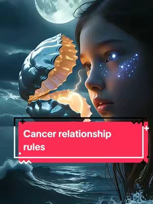 The image depicts a young person with starlike details on their face, set against a mystical background featuring a surreal scene with a large shell, waves, and a full moon. A red banner overlay at the bottom displays the text 'Cancer relationship rules'. The overall colors lean towards cool tones.