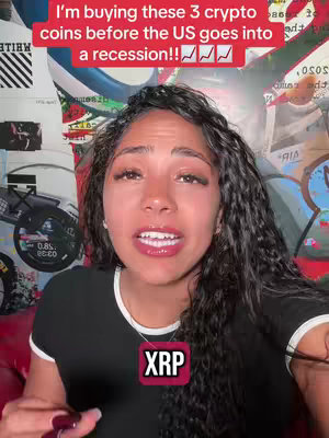 A woman with dark hair is centered in front of an image that appears to be a wall of art. Above her head is a text overlay that says "I'm buying these 3 crypto coins before the US goes into a recession!!", with upward pointing trend lines. At the bottom of the shot is a text box that says "XRP".