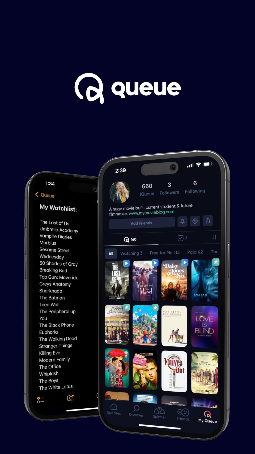 The image is a screenshot of two phones displaying the "Queue" app. The app's logo is displayed at the top. One phone on the left shows a watchlist of movies like "The Last of Us" and "Umbrella Academy." The phone on the right shows a profile with a person's picture, displaying their followers and content.